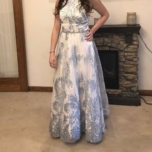 White and Blue Formal Dress Floor Length